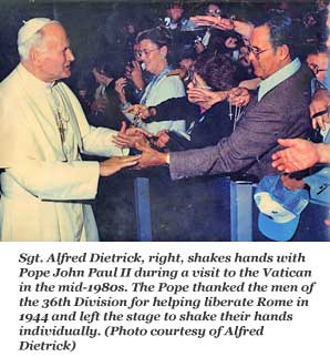 Pope John Paul II shakes Sergeant Dietrick's hand during a visit to the Vatican