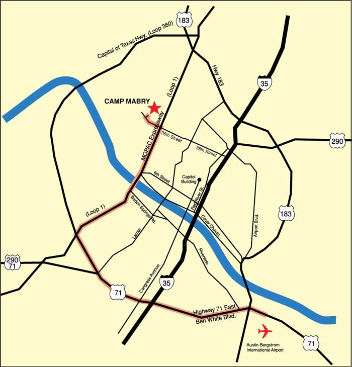 Austin Map with directions to Camp Mabry