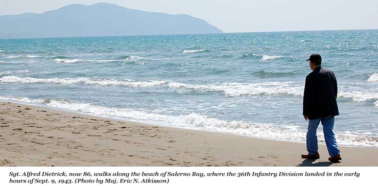 Sargeant Dietrick, now 86, walks along Salerno Beach